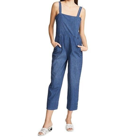 AMO Jumpsuit Womens Size Large L Blue/White Polka Dot Chambray Sleeveless Casual - Picture 1 of 12